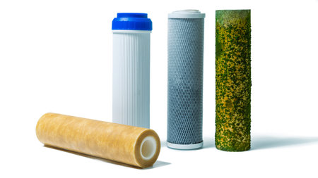 Used old water filters isolated on white background.の写真素材