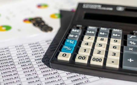 Coins, chart and calculator as a symbol for exchange rates. financial concept, analyzing accountingの写真素材