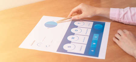 Strength Weaknesses Opportunities Threats Analysis Evaluation Strategy Concept. blue SWOT chart on office table with female hands with pen, marketing strategy, businessの写真素材