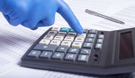 Accountant In Gloves Calculating Money Budget During Coronavirus Pandemic, close up, banner