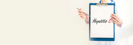 Hepatitis C concept inscription, white horizontal banner with copy space, place for text.の写真素材