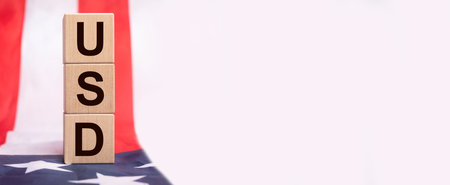 USD inscription acronym on american flag. White banner with place for text or copy spaceの写真素材