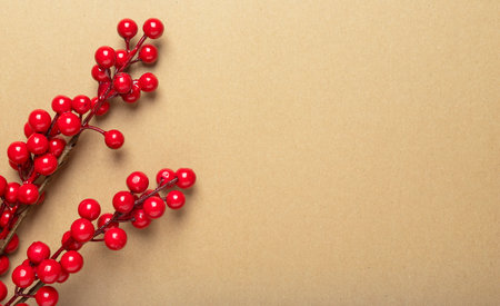 Christmas craft brown banner with place for text or copy space with branches of red berries or viburnum.の写真素材
