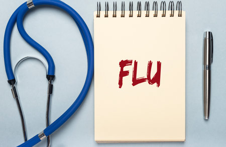 Flu word inscription on notebook page. Seasonal diseaseの写真素材