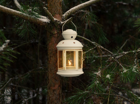 Glowing candle in lantern hanging on fir tree branch in winter forest. Christmas scene.の写真素材