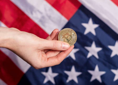 Bitcoin or BTC golden coin with sign of cryptocurrency.の写真素材