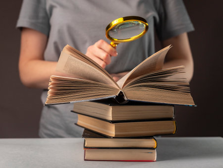 Female student hands close up, holding magnifying glass and book or textbook, searching for information and reading in library.の写真素材