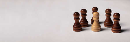 One unique pawn outstanding from many opposits. Concept of individual, different, standout, original. Banner with copy space for text.の写真素材