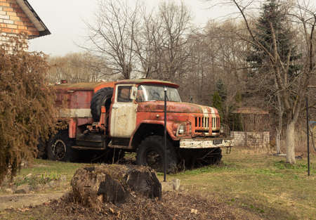 Old retro fire truck or engine in nature.の写真素材