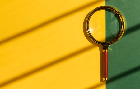 Magnifier over yellow background with beautiful sunny day light and shadow. Banner with copy space.の写真素材