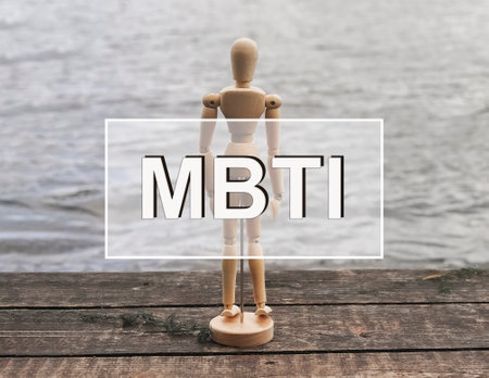 MBTI acronym. Inscription oh photo with wood person. Personality type test.の写真素材
