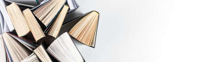 Books, academic literature top view. Paper schoolbooks scattered on white background. Banner with copy space.の写真素材