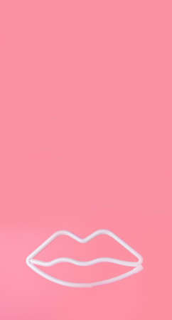 Banner with lips on pink background. Valentines day concept. Silver lips contour. High quality photoの写真素材
