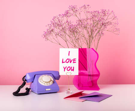 Valentines day concept. Card with words I love you. Declaration of love. Retro phone, vase with...