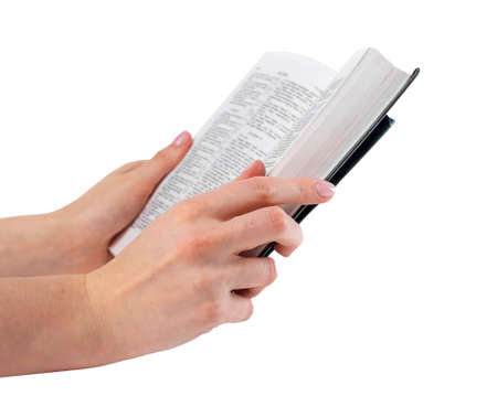 Hands holding book isolated on white background. Reading book leisure, education, student lifestyle...