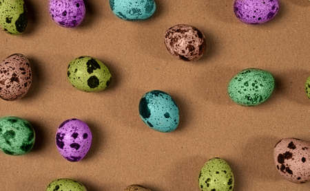 Quail eggs, painted multicolored small eastereggs, top view. Easter decoration. High quality photo