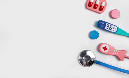 Banner with medical tools. Health care, medicine concept. Stethoscope, thermometer, pills. Doctor...