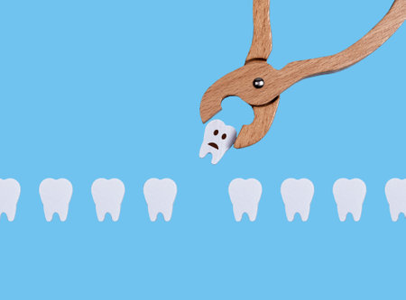 Teeth row and dental forceps. Pulling bad sick tooth with sad emoji because of decay, periodontal...
