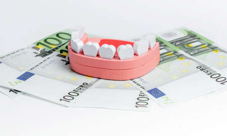 Jaw model with euro notes. Money for tooth cure concept. Financial savings for dental care. High quality photoの写真素材