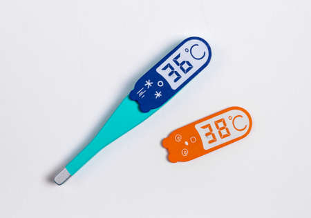 Contact thermometer layout. Fever diagnostic, health care concept. Children game at doctor. High...