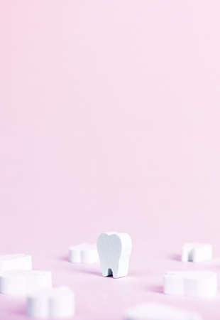 Banner with white perfect teeth on pink background. Dental care, stomatology, dentist work, plaque,...