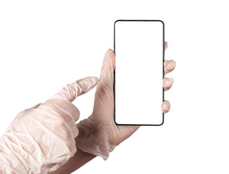 Doctor forefinger pointing to phone mockup isolated on white background. Health tracking...