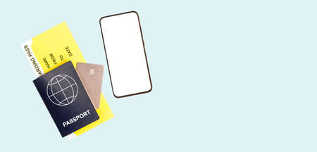 Banner with mockup of mobile app for travel, passport, boarding pass and credit card on blue...