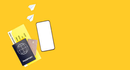 Banner with phone mockup, passport, boarding pass, credit card on orange background. Paper origami...