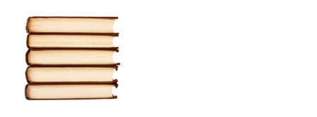 Banner with books stack in brown cover isolated on white background. Classic literature, novel volumes. copyspace. high quality photoの写真素材