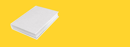 Banner with book mockup with white empty cover on yellow background. Angle view. Reading, study,...
