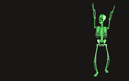 Black Halloween banner with funny dancing skeleton on black background with copy space. high quality photoの写真素材