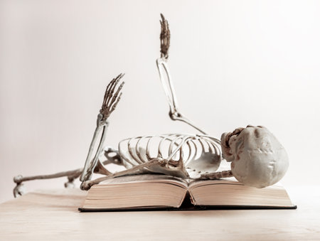 Burnout concept. Tired skeleton lying over book. Tiredness, death, exhaustion.の写真素材