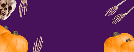 Halloween. Banner with pumpkins, human skull and skeleton hands on purple background. October...