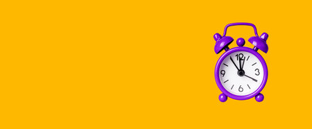 Banner with violet retro alarm clock on orange background. Time management, deadline concept. Place...