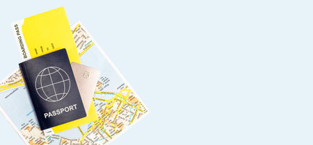 Passport ticket map banner. Travel tourist background for ad and copy space. High quality photo