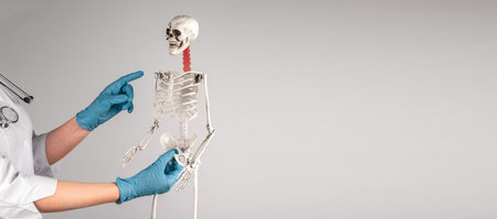 Neck bone pain concept. Cervical inflammation, disease, hernia shown on skeleton model on medical...