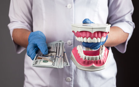 Money for dentistry. Cash dollars and dentist with teeth model. Expensive stomatology concept. High quality photoの写真素材