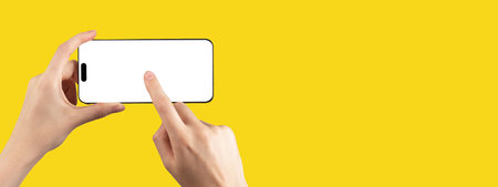 Smart phone mock up screen frame in hand on yellow ad banner, promo background for application ads...