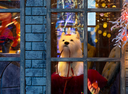 Cute white toy dog behind window glass at home, cafe at Christmas time, Xmas winter holiday. High...