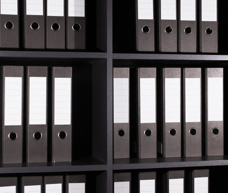 Archive, business documents in folders binders on shelf. storage in rows. high quality photoの写真素材