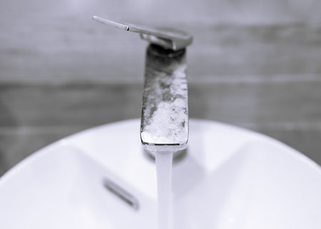 Faucet with dirty water in the bathroom, closeup of photoの写真素材
