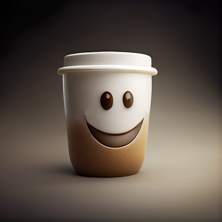 Smiling paper cup with hot coffee drink. Happy face expression on espresso mug, takeaway beverage with emoticon. Generative AI. high quality illustrationの素材