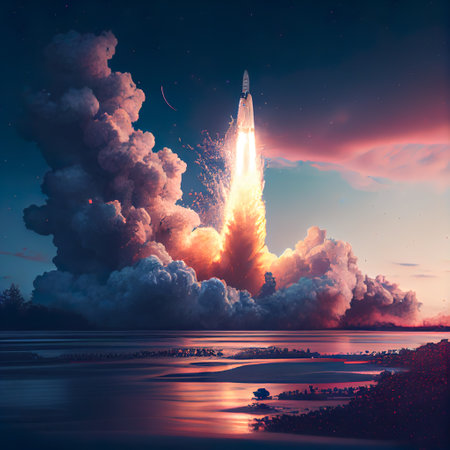 Space rocket, cosmos ship launching, taking off with fire engine, flying up to universe. Generative AI.の素材