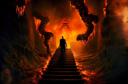 hell scene. Inferno with burning glowing blazes, fire. Way to apocalypse. Dramatic end of the world. Silhouette at doomsday. Generative AI. high quality illustrationの素材