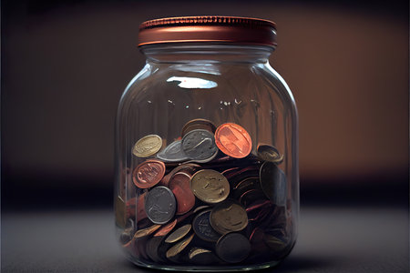 Money saving concept. Coins inside glass jar closed with lid, cover. Generative AI.の素材