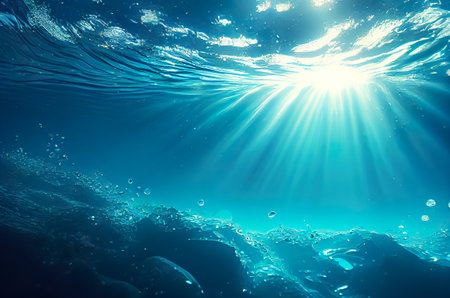Underwater, blue water, sea bed, bottom background with sun rays from aqua surface. Generative AI.の素材