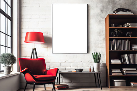 Interior poster, wallart mockup on white brick wall in modern contemporary interior with book shelves, bright red armchair, window, plants, table. Generative AI.の素材