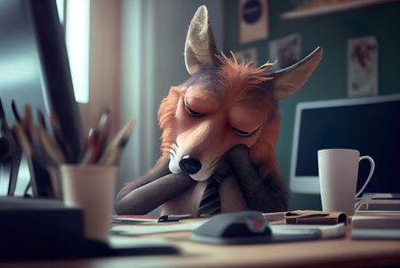Work burnout concept. Cute fox, office worker, animal employee feeling sad, tired. AI generative.の素材