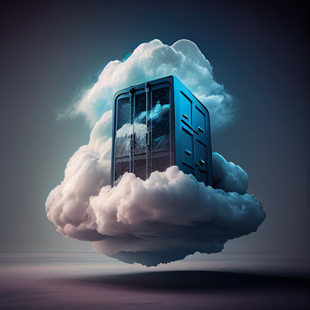 Cloud storage technology concept. Online server for data store, information share, upload. AI generative.の素材