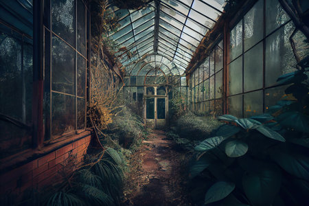 Abandoned greenhouse interior with dried plants. Old home garden with wild vegetation. AI generative.の素材
